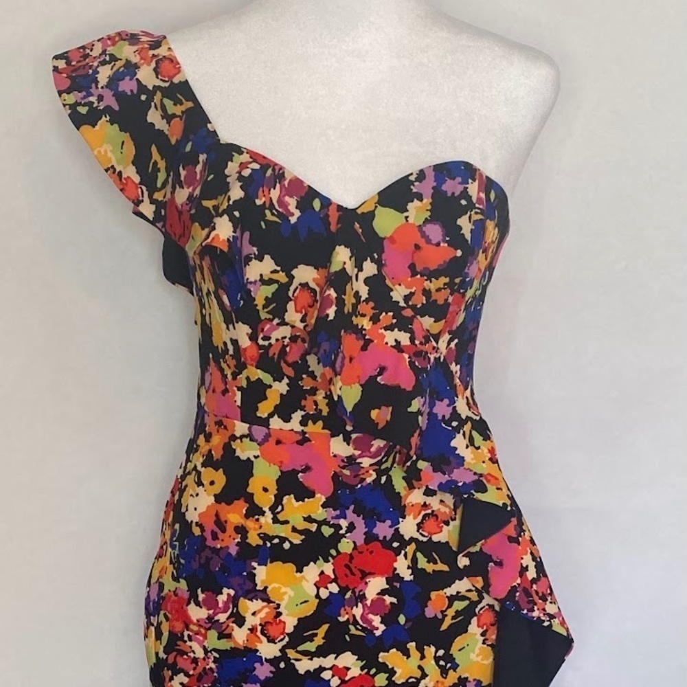 NWT Aidan by Aidan Mattox Floral Black Ruffle One Shoulder Dress Size 0 NEW